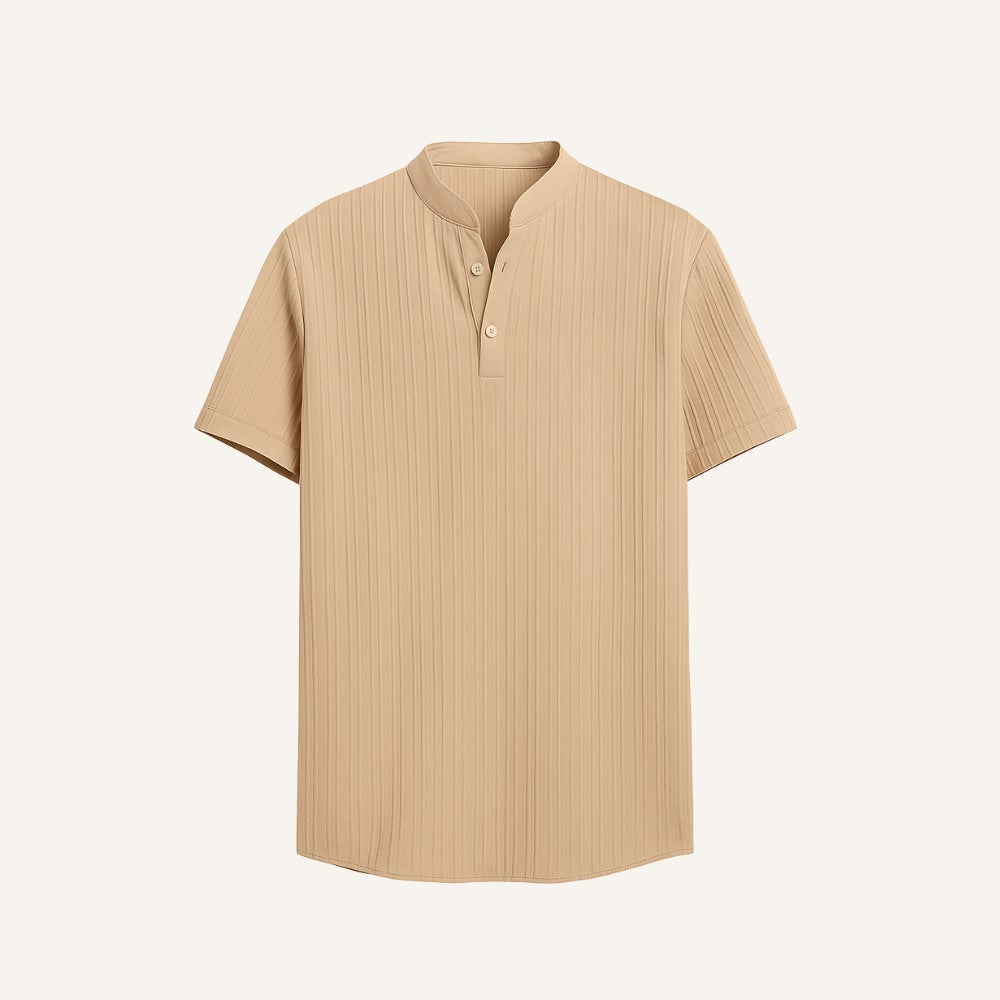 Camisa Gola Padre Plissada listrada Old Money Richelieu bege