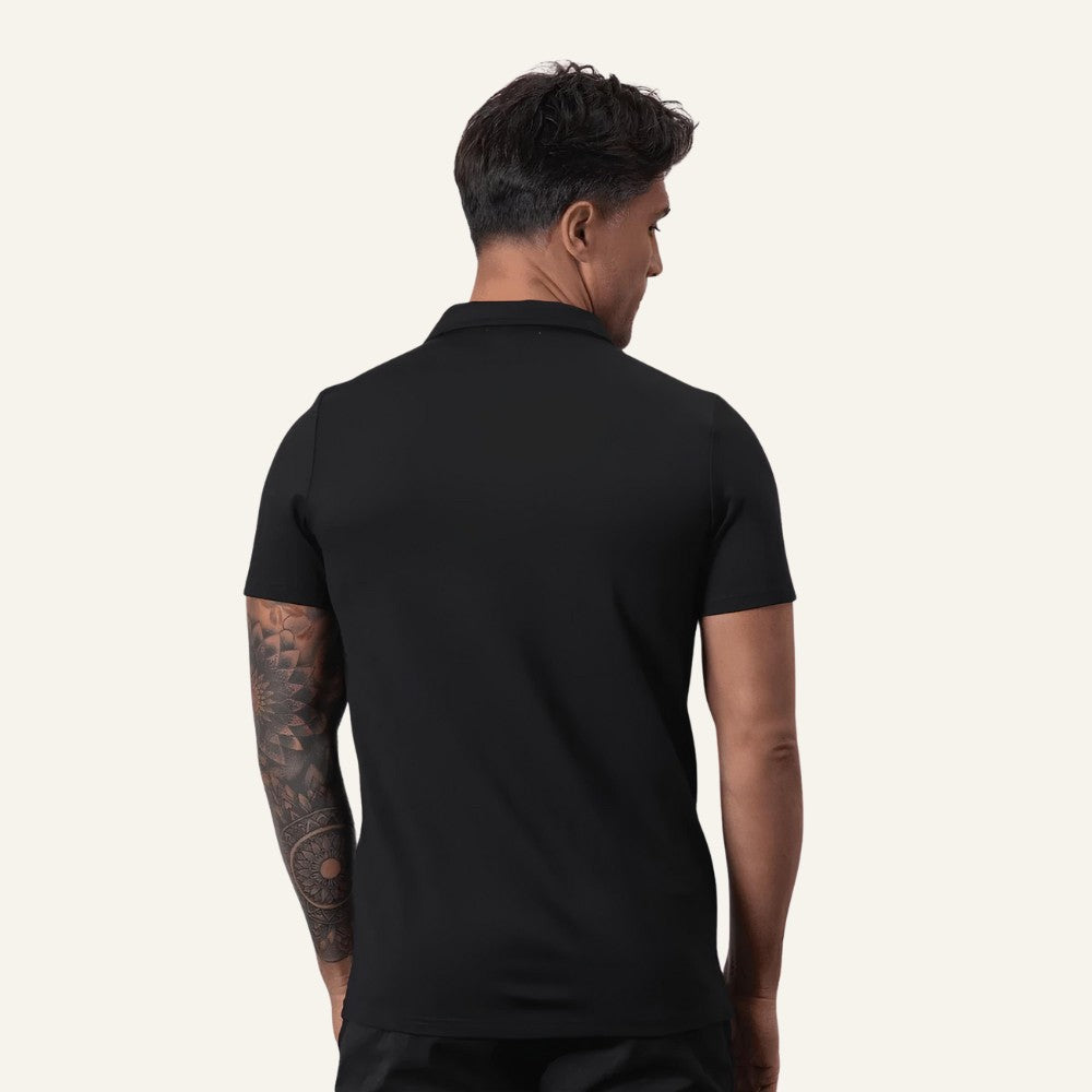 Traseira Camisa Polo Masculina Old Money com Meio Zíper Perion Preta